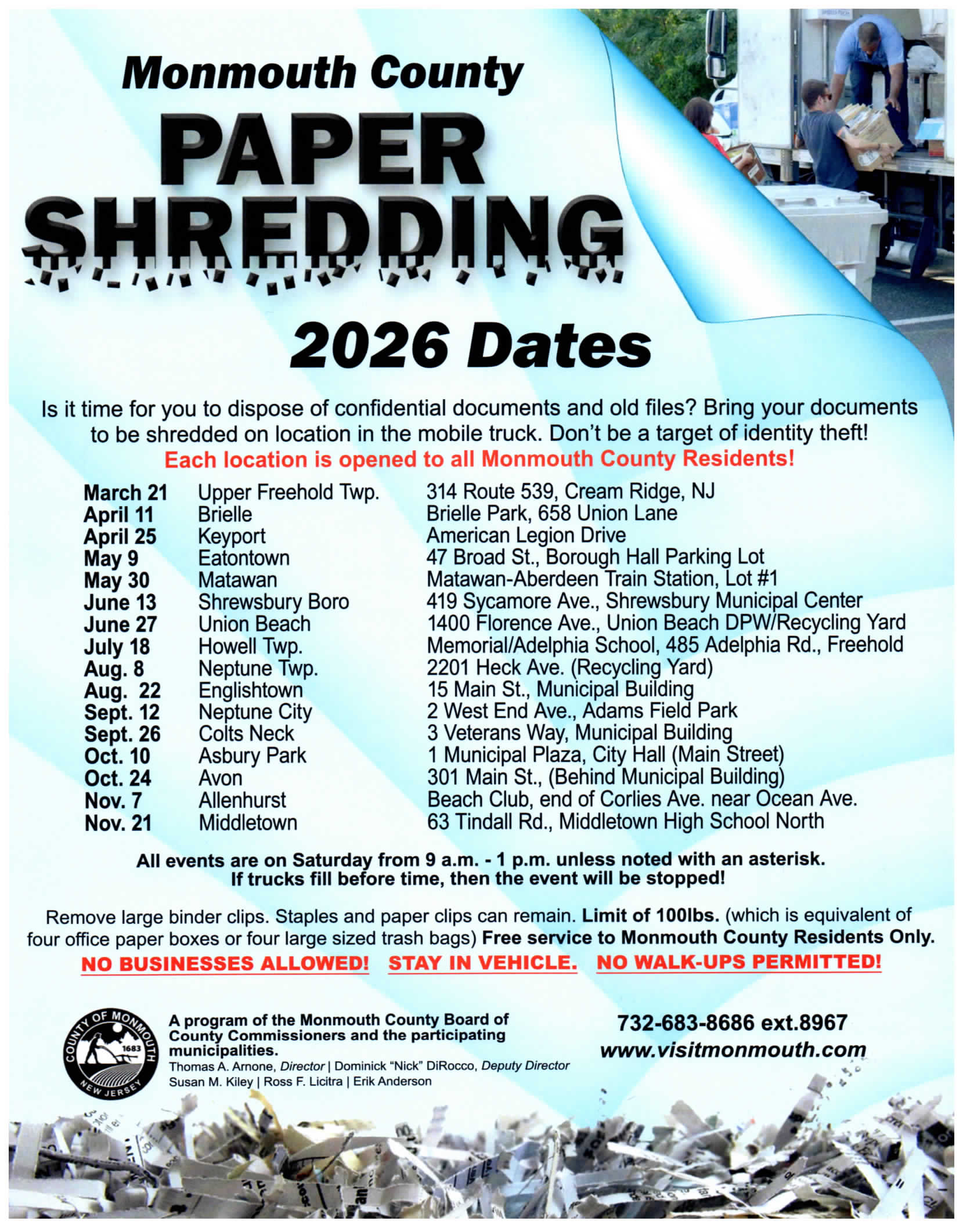Monmouth County 2026 paper shredding dates and locations; Saturday 9am–1pm; resident-only; stay in vehicle; no businesses.